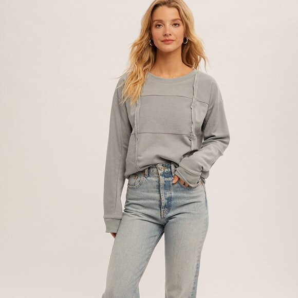 HEM & THREAD Light Blue/Grey Patchwork Detail Sweatshirt Casual Cozy Long Sleeve - Picture 7 of 7